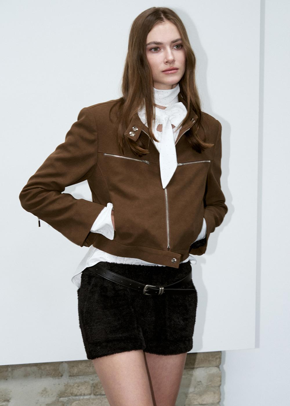 SUEDE ZIP-UP CROP JACKET_BROWN