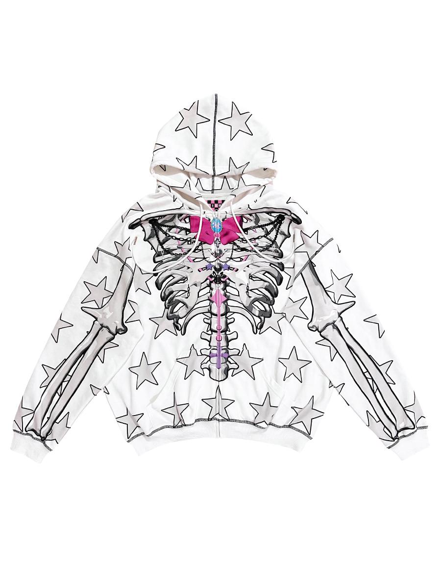 Star Skull Printed Loose ZIP-Up Hoodie
