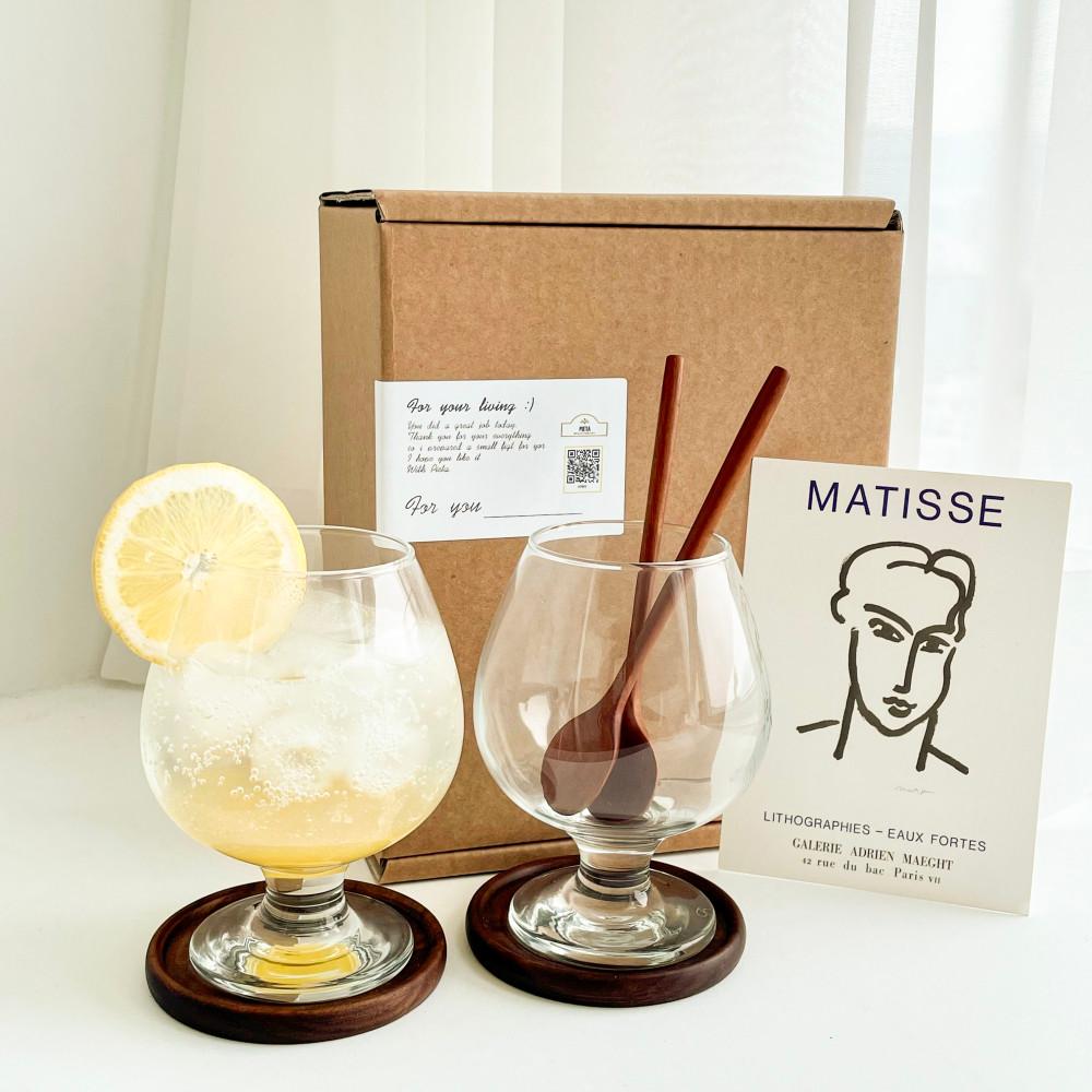 홈카페 유리컵 귀여운 뚱뚱이 고블렛잔 2인 세트 와인잔 꼬냑 위스키 브랜디 맥주 잔