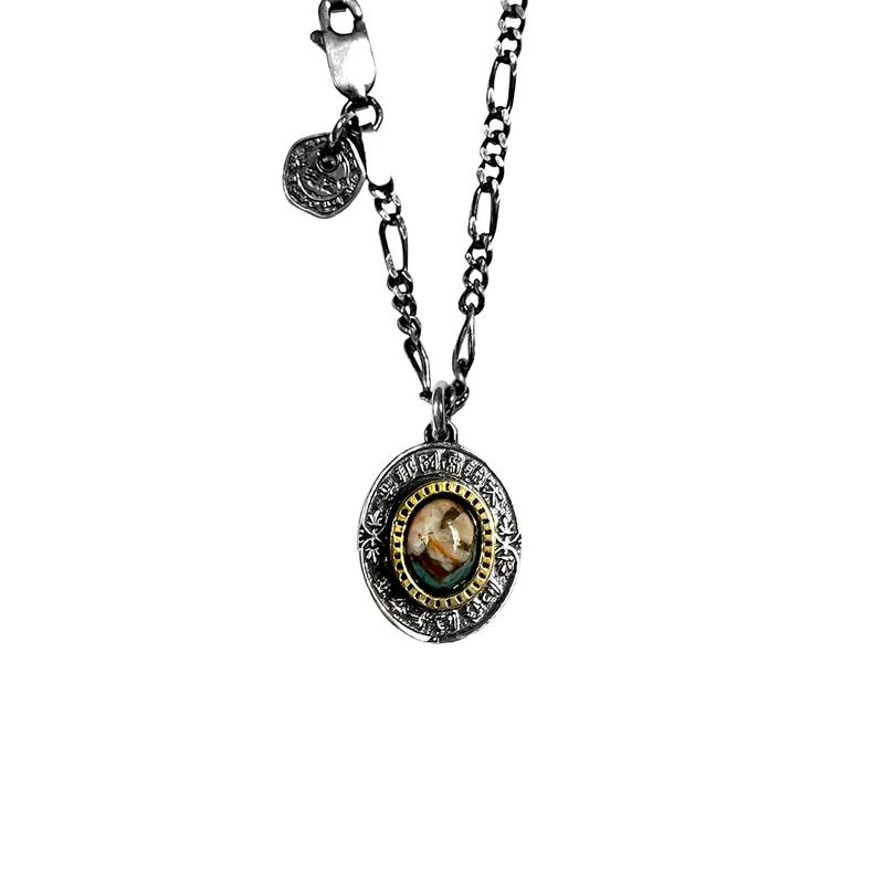 (실버 925) 타원 이화 우표 목걸이 (오렌지 오이스터 터키석)[무료각인]