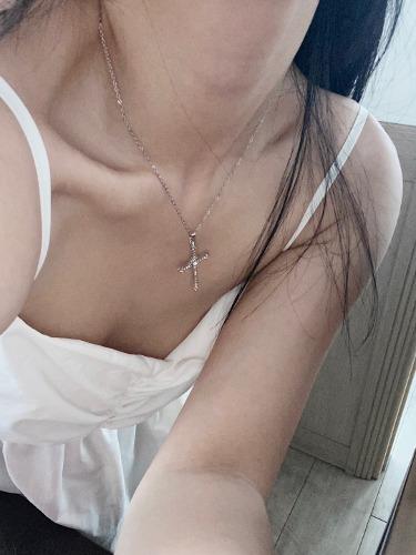 레인블루 엔틱 큐빅 크로스 초커 체인 십자가 실버 목걸이