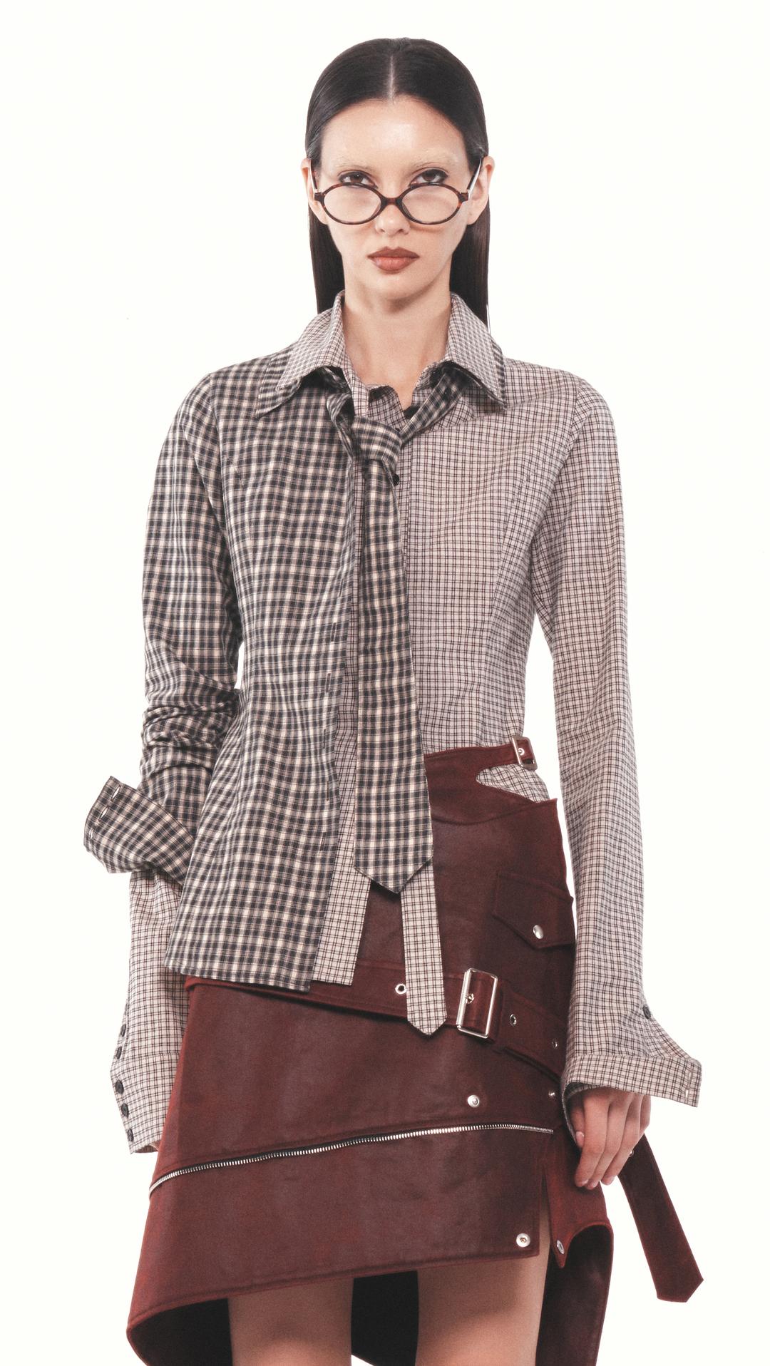 CONVERTIBLE DOUBLE CHECK TIE SHIRT