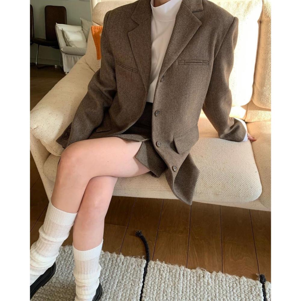 (당일) Lcomma 엘콤마 헤링본 자켓 오버핏 울 하프 jk 스커트 세트가능