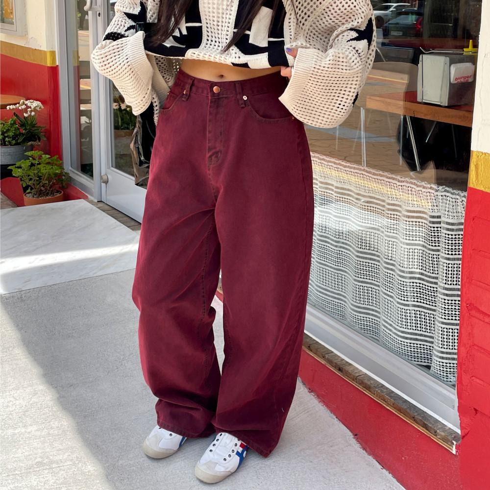 벌키 OOTJ 버건디 카키 컬러 청바지 와이드 세미 배기 데님 팬츠