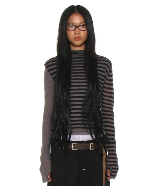 더블 레이어드 모크넥 니트 탑_블랙 스트라이프