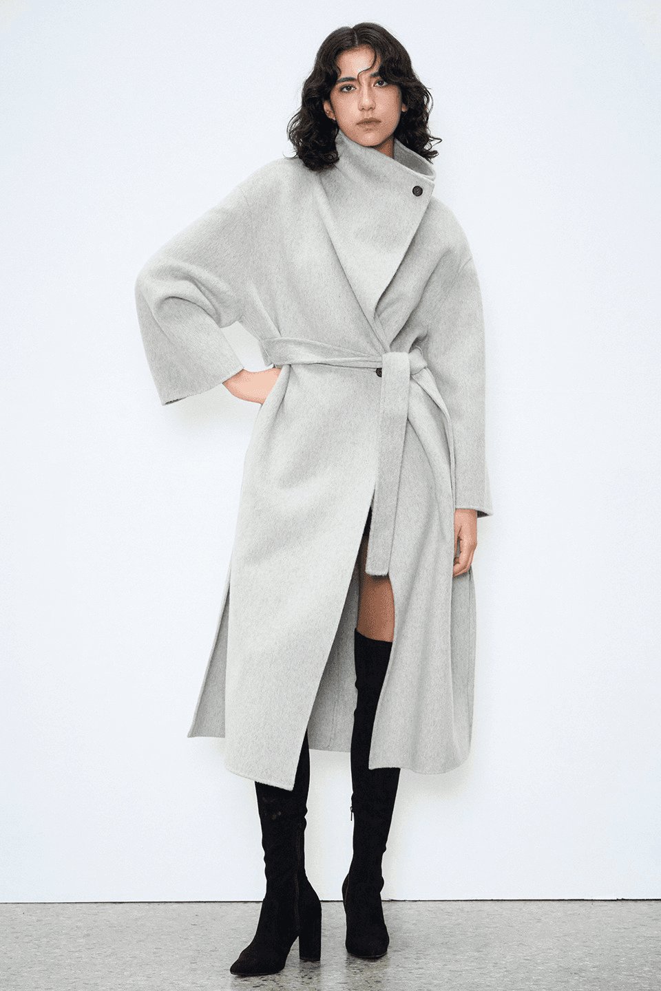 Cashmere draping shawl collar belt coat - grey [레더벨트 세트]