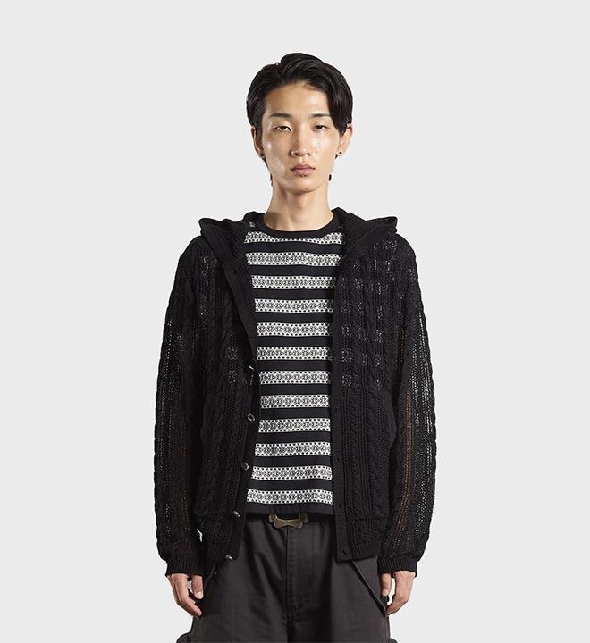 Semi Sheer Cable Knitted Button Up Hoodie (Black)