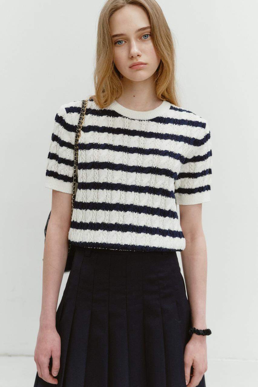 SUMMER COTTON CABLE KNIT IVORY STRIPE