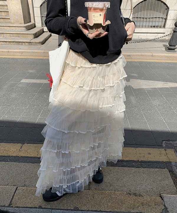 일루아 [연말룩추천]니키 프릴 레이스 캉캉 롱스커트