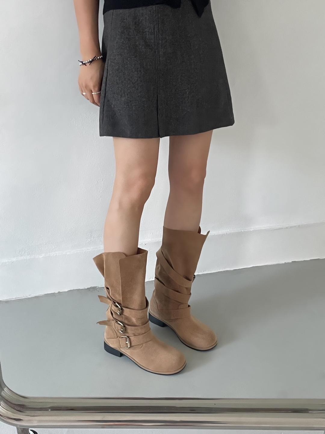 로어블 [당일출고🩶하루만세일!] 보헤미안 쓰리버클 스트랩 스웨이드 가을 겨울 롱부츠 미들부츠