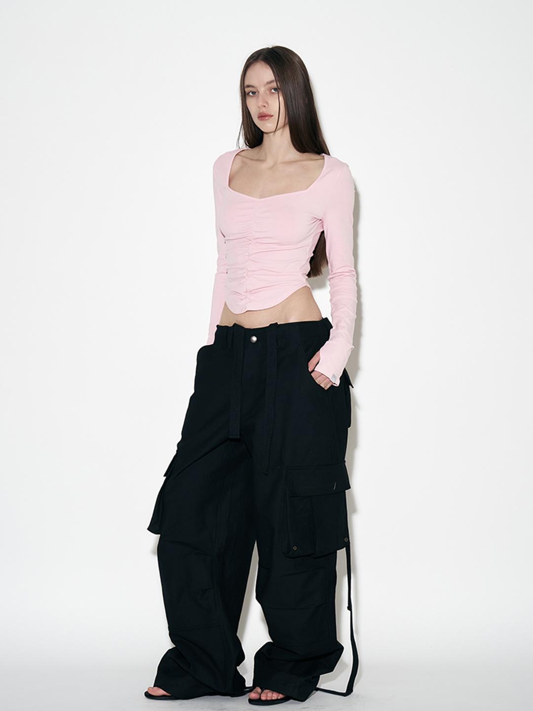 Darlin shirring Long Sleeve top (Pink)