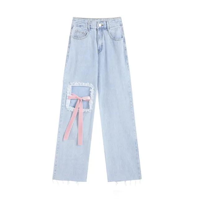 리본 스트랩 데님바지