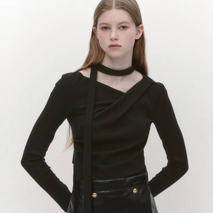 Unbalance Draped Wrap T-blouse BLACK