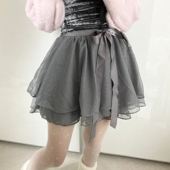 𓈒𓏸 𓂂𓈒𓂂 발레코어/러블리룩💗 청순 새틴 리본 3단 쉬폰 샤 플리츠 캉캉 미니 스커트 𓈒𓏸