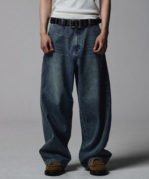 Curved Semi Wide Denim Pants - Deep Blue