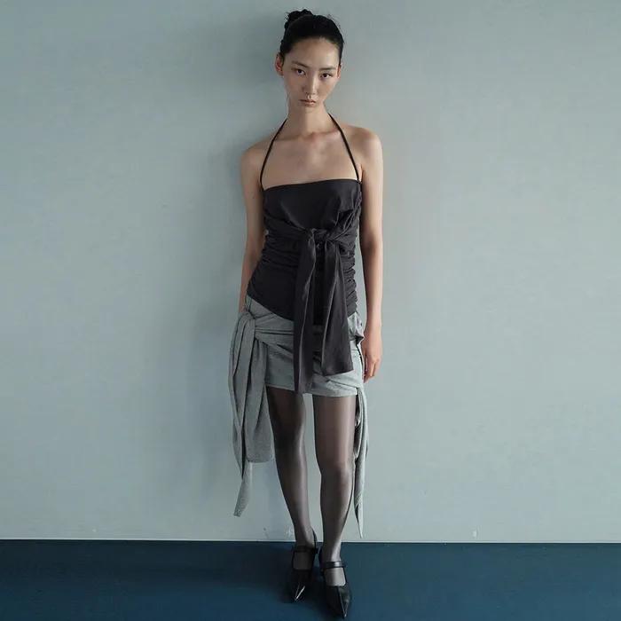 STRING BOAT NECK TOP / CHARCOAL