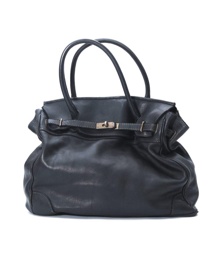 BLACK LEATHER FIRKIN BAG / BRONZE HARDWARE - Anemonia