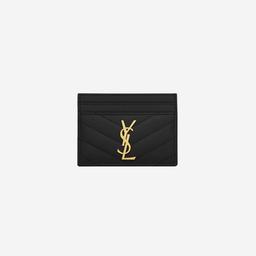 Saint Laurent Gold Monogram Card Case in Grain De Poudre Embossed Leather Black