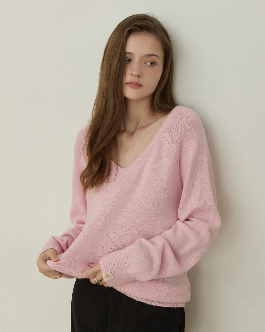 Sensual loose fit reglan v neck knit - pink