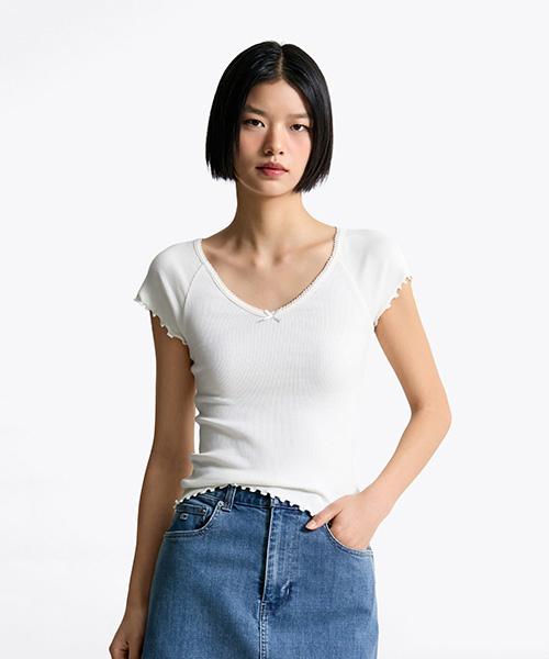 스트레치 브이넥 립 티셔츠 (T32F1TTO35TWT1YBH)