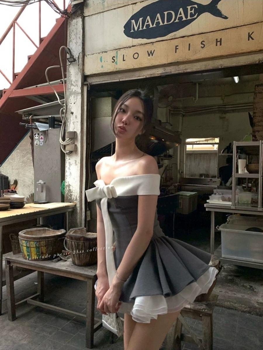 버터플라이 그레이 심리스 오프숄더 리본 원피스
