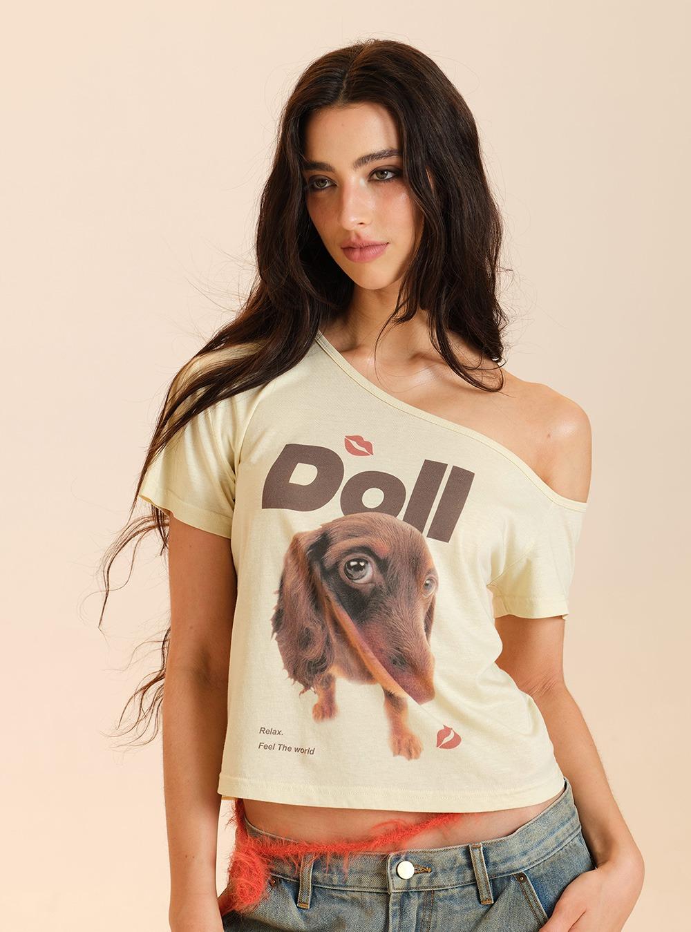 Dog Graphic One-Shoulder T-Shirt