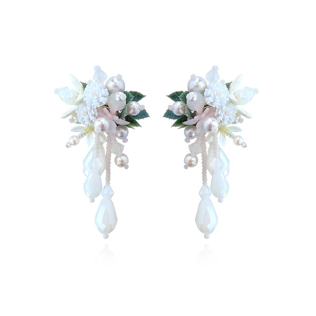 Flower Blast Large Drop White Earrings