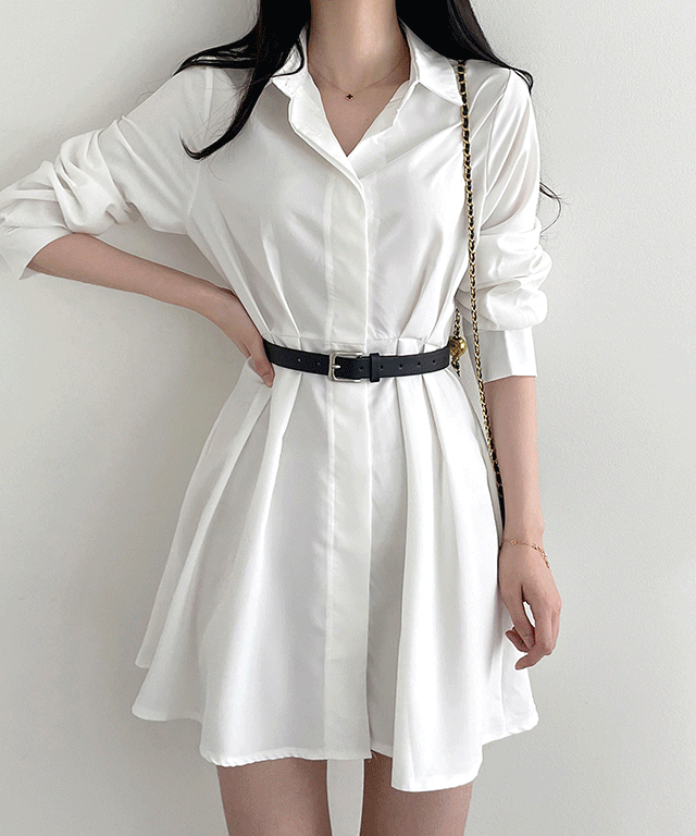 *벨트세트* 포드 셔츠 히든버튼 핀턱 플레어 미니 원피스 / 봄 가을 간절기 긴팔 오피스룩 하객룩 데일리룩 소개팅룩 새내기룩 개강룩 데이트룩 데일리룩 20대하객룩 20대원피스 벚꽃룩 나들이룩