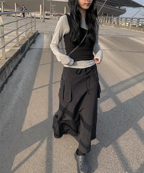 하일 카고 나일론 롱 스커트