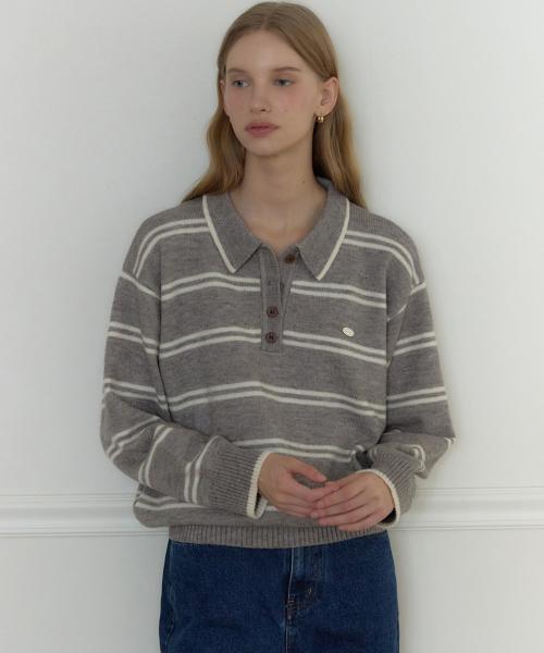 캐롤린 스트라이프 카라 니트 - 멜란지 그레이