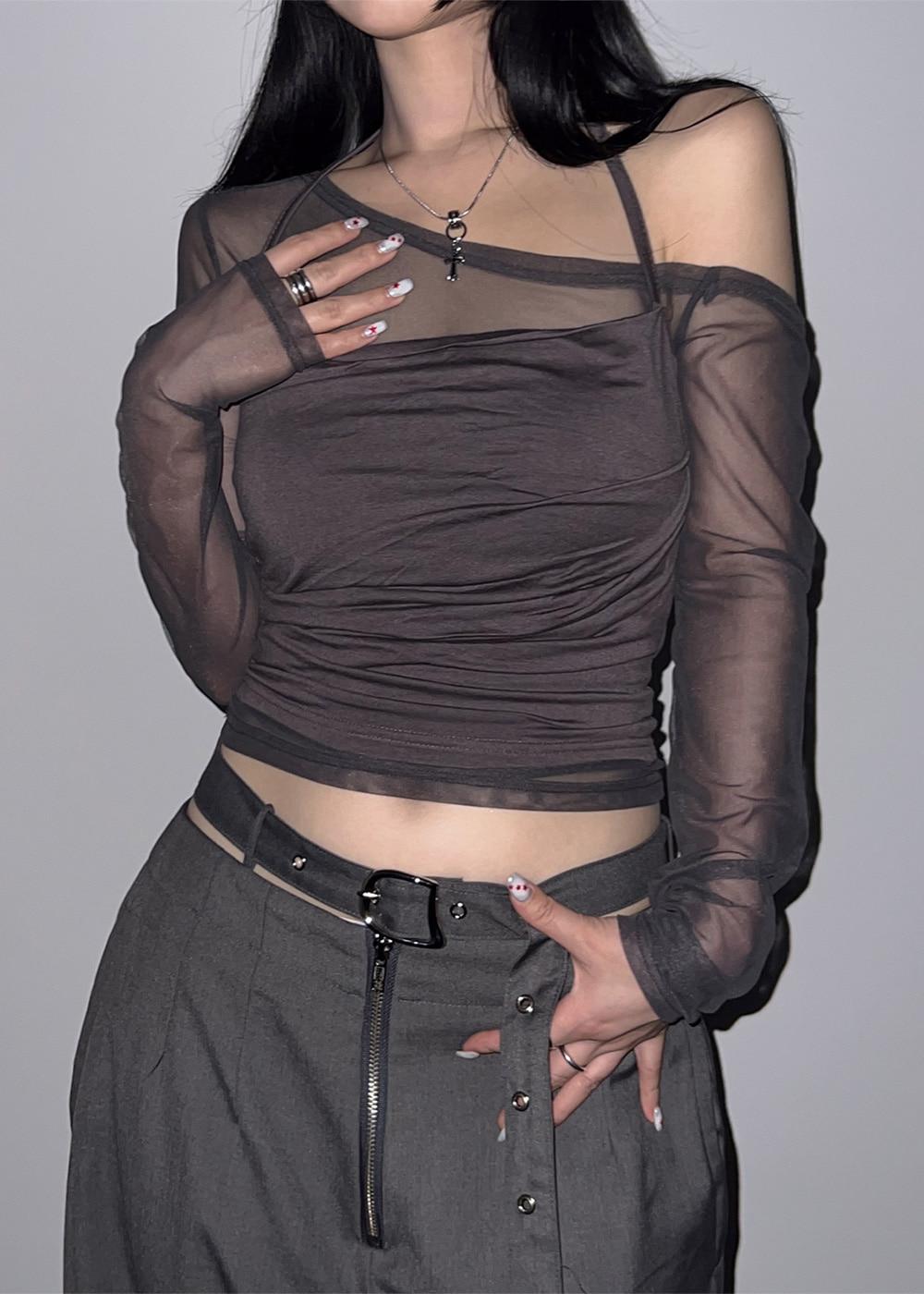 DIMMER SLEEVELESS MESH LONG-SLEEVED LAYERED SET 3color / 디메르 나시 매쉬 긴팔 레이어드 세트