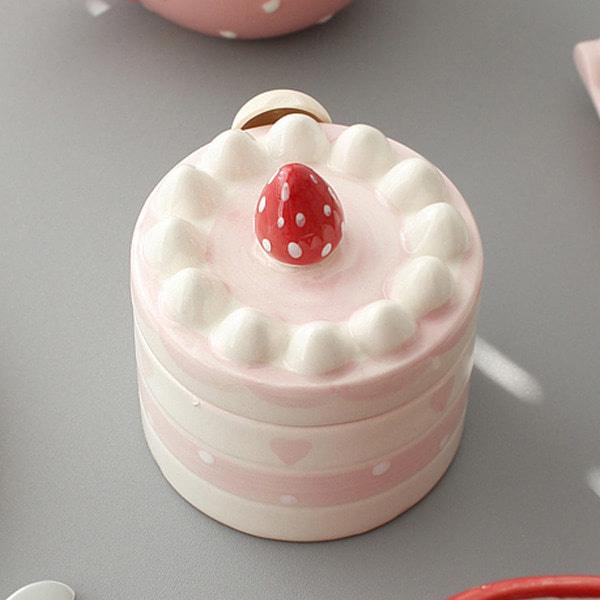 딸기 디저트 케이크모양 도자기 뚜껑 그릇(스푼포함)  찻잎 디저트 스푼걸이 도기 보관용기