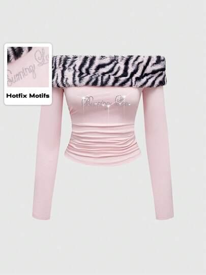 ROMWE J-Fashion 쟈루 시부야 하위문화 인조 모피 & 제브라 프린트 패치워크 니트 피팅 라인스톤 장식 탑, 발렌타인데이, 카니발용