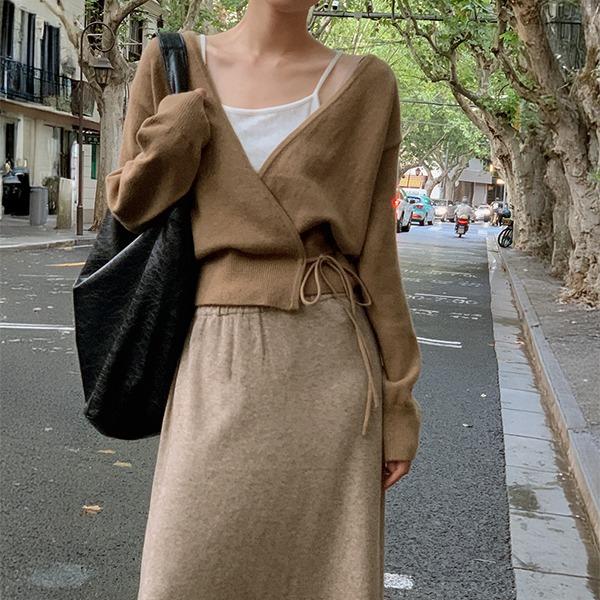 핫핑 [허리잘록/여리핏][MADE] 스턴 브이넥 랩 긴팔니트티(44~110) (빅사이즈니트-랩니트-브이넥니트-폭닥-레이온니트-리본니트-팬던트-체형커버-데일리룩-페미닌)