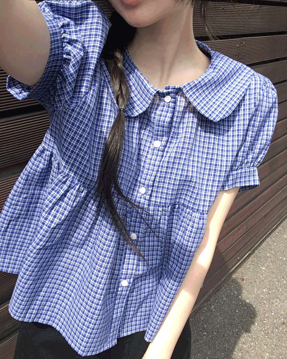 온디드 [도쿄코디🌀] 지온 빈티지 체크 블루 퍼프 카라 반팔 블라우스
