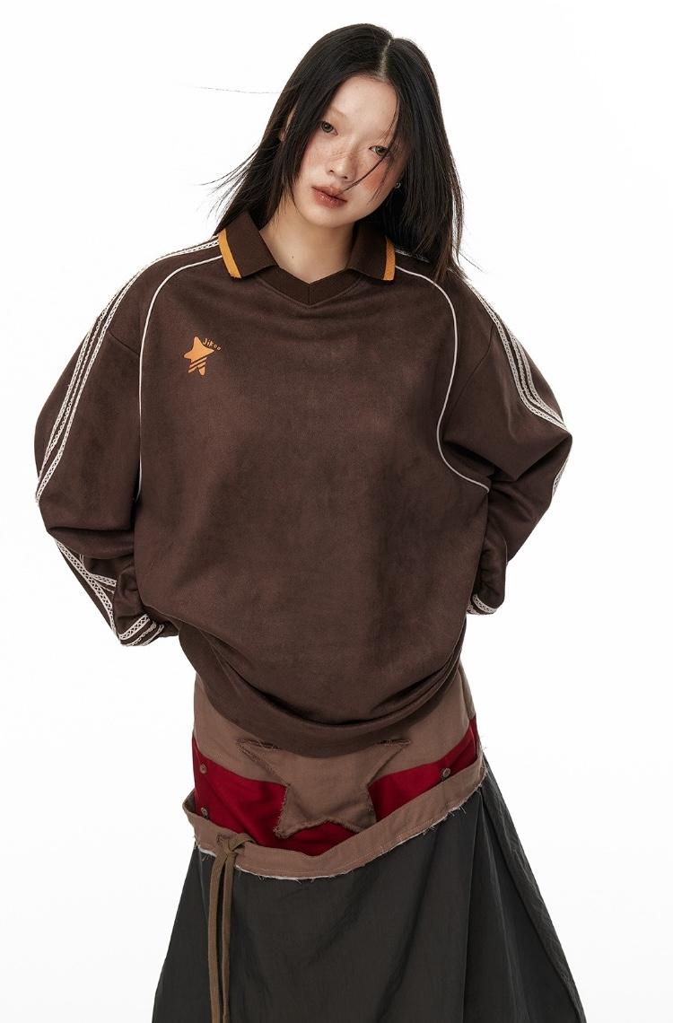 JIKOO Rich Cocoa Lace Webbing Pullover Sweatshirt