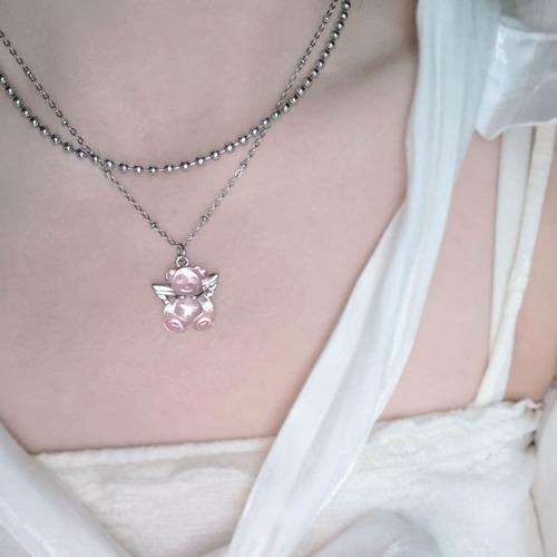 천사 핑크 곰돌이 목걸이 써지컬스틸 귀여운 키치 팬던트