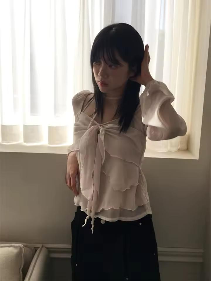로맨틱 퓨어 디자이어 버터 플라이 매듭 캐주얼 다목적 셔츠 탑 한국 스타일 스트레이트 컷 긴 소매 v 넥 통근 착용