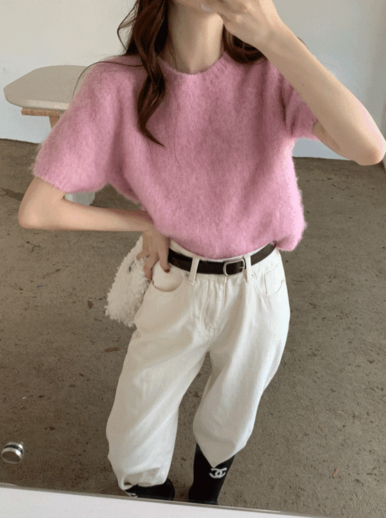 루어스룸 리아 여성 라운드넥 모헤어 퍼프 소매 벌룬 셔링 레이어드 반팔 하객룩 니트