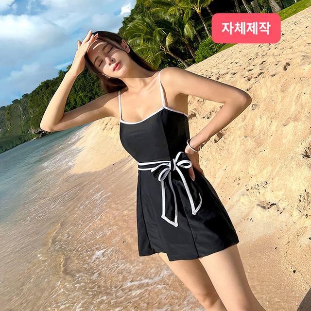 로앤드 원피스 비키니 수영복 모노키니 배색 허리끈 리본끈 스퀘어넥 절개 스커트 치마 바지일체형 (M,L,XL)