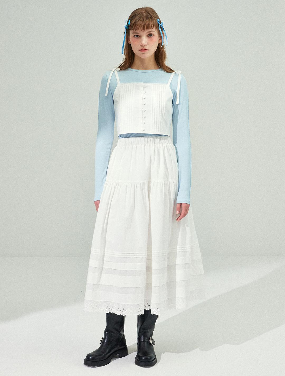 [4월 3일 배송예정] 레이스 핀턱 밴딩 스커트 [화이트]