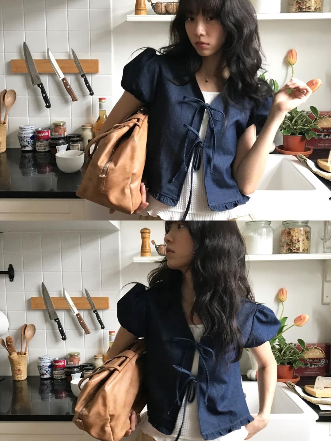 PREFRITT : Melvin Denim Ribbon Blouse
