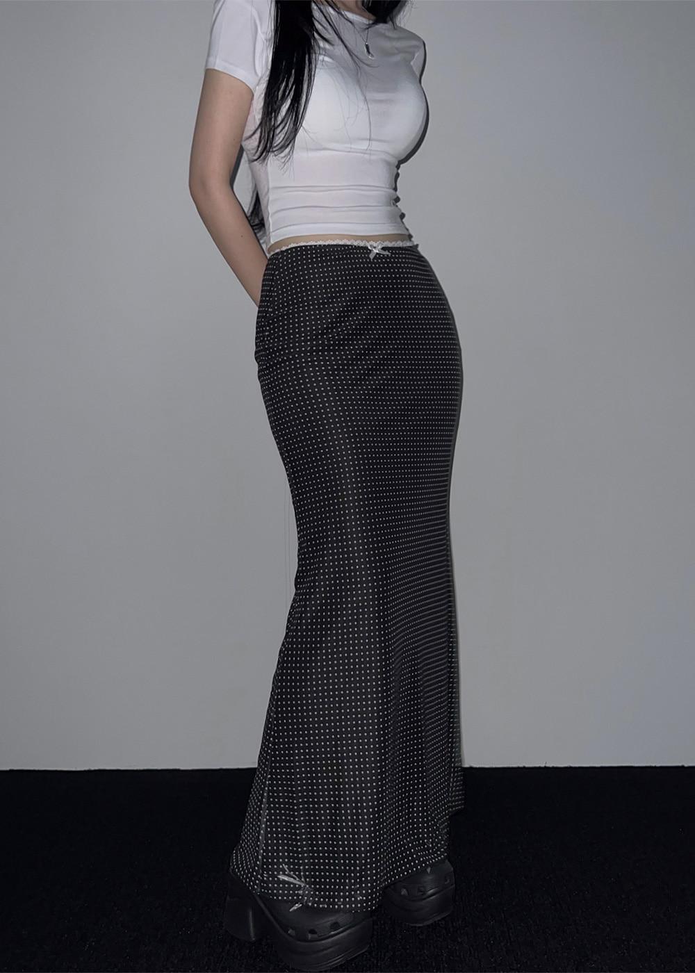 YUZ DOT MAXI LONG RIBBON LACED SKIRT / 유즈 도트 맥시 롱 리본 레이스 스커트