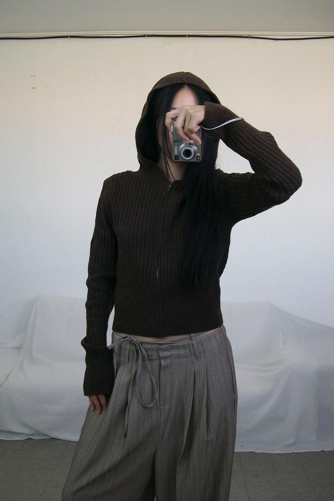 WOOL KNIT HOOD ZIP-UP (BROWN)
