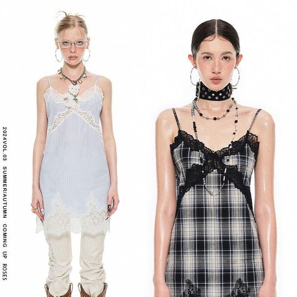 1JINNSTUDIO French Lace Punching Striped Pajamas Dress