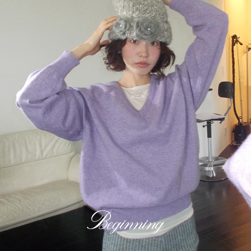 프롬비기닝 [2천장돌파][MADE]루즈 자수브이넥니트(컬러추가) (4color)