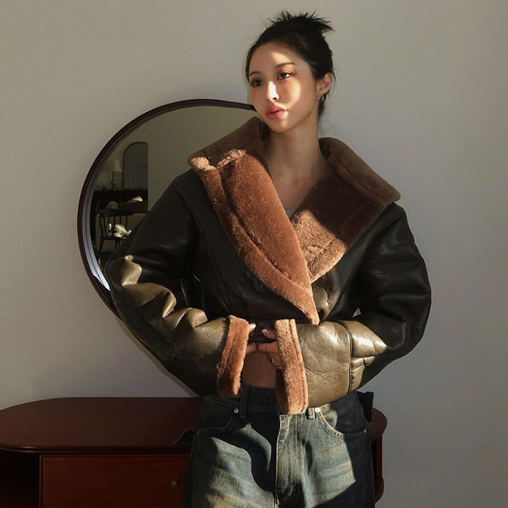 바이커 크롭 퍼 무스탕