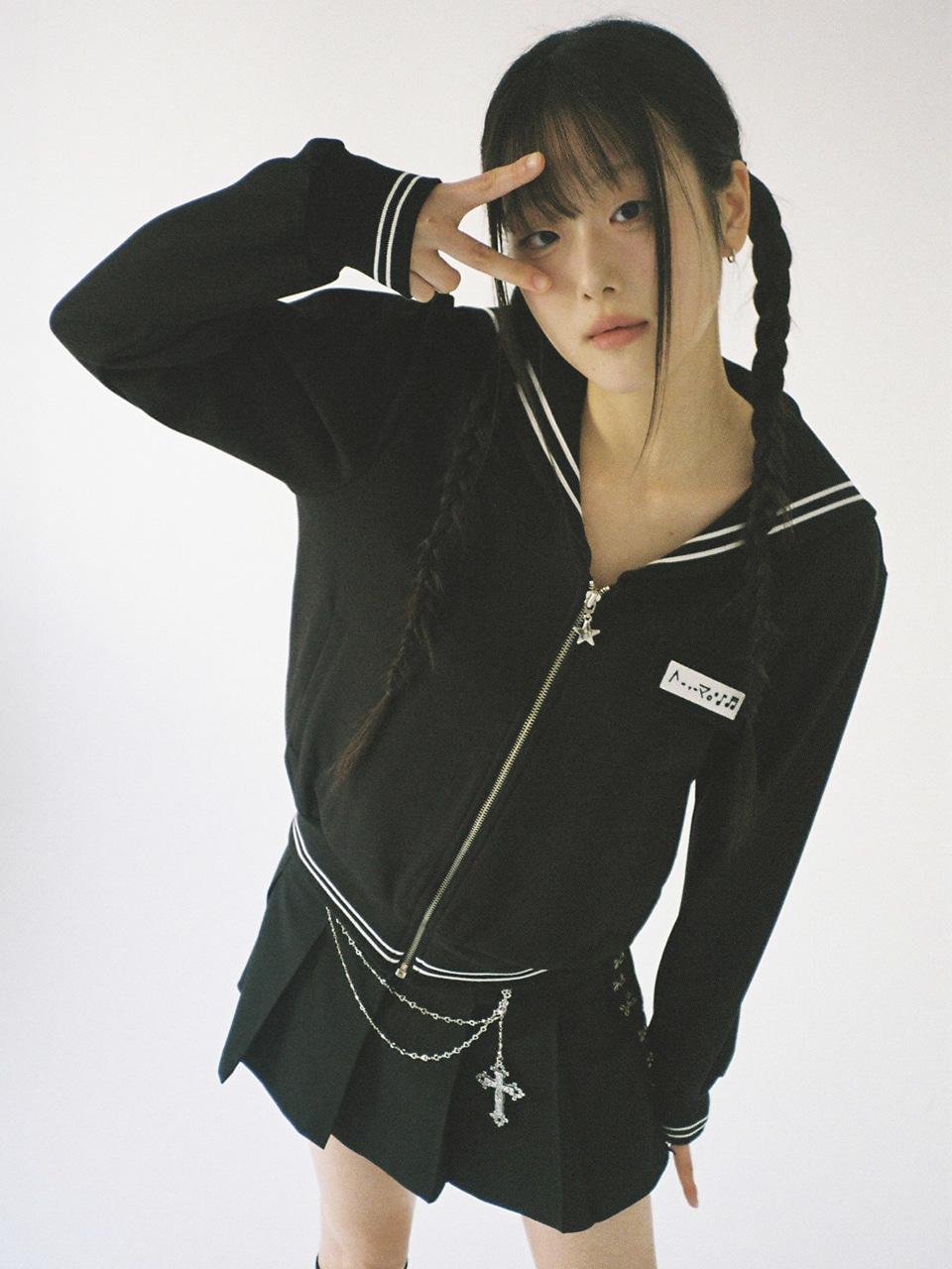 Sailor Collar Zip-Up Jacket - BLACK