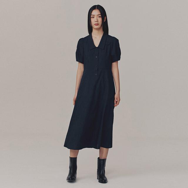 CRINKLE VOLUME COLLAR DRESS_NAVY