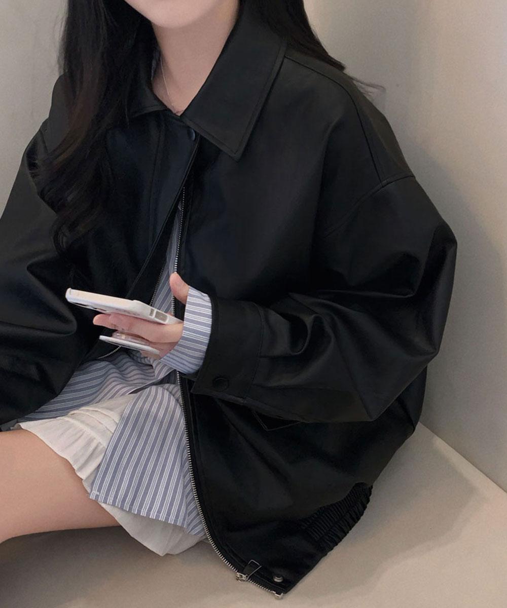 온유어리 [핵고퀄!]매트 레더의 정석,오버핏 레더 블루종 자켓 점퍼